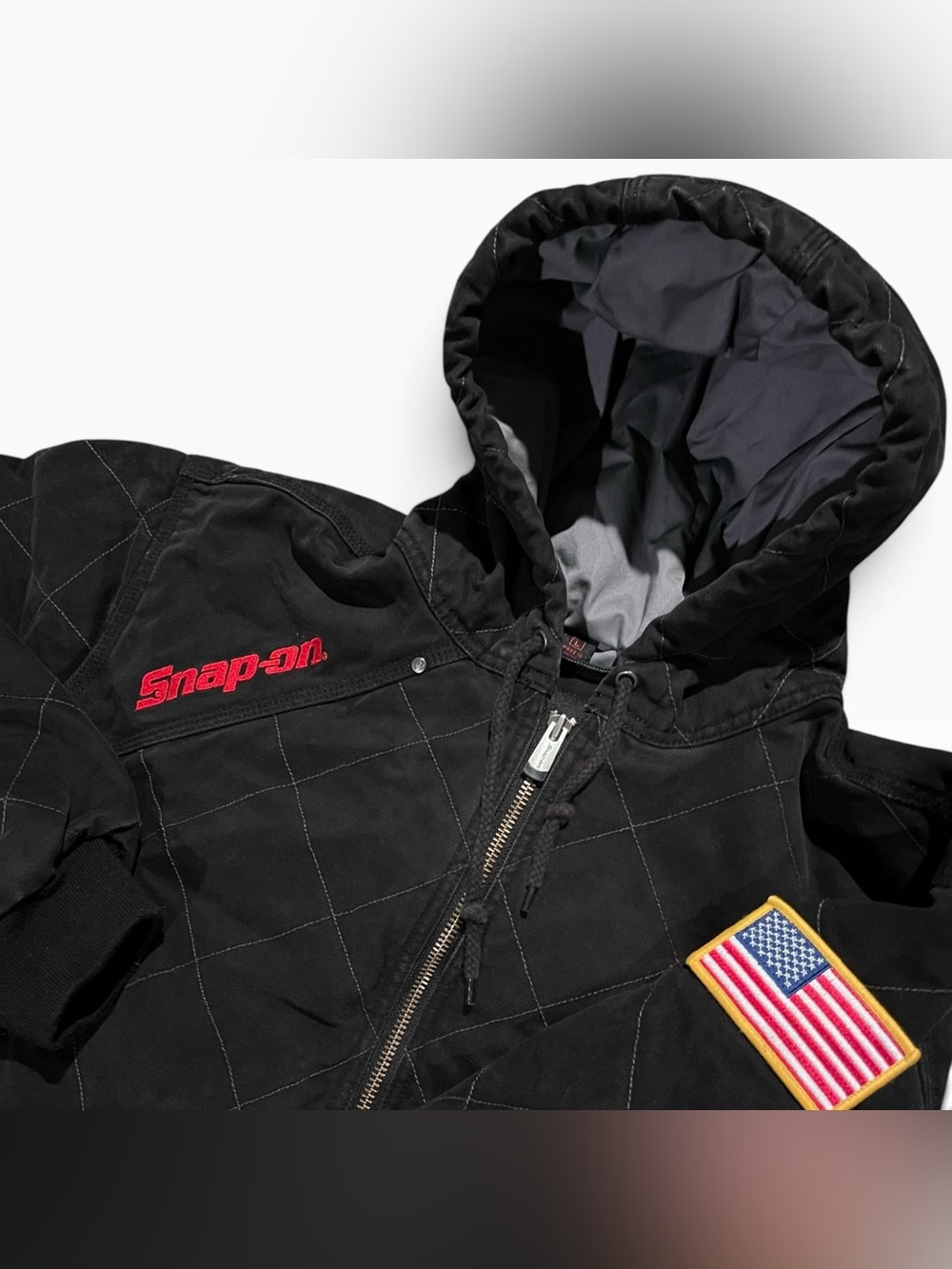 Snap-On Tools Men's Sz M Black Hooded Quilted Canvas Workwear Jacket Tough Coat
